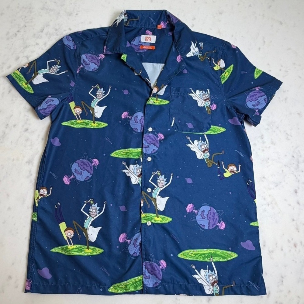 OppoSuits Rick and Morty Mens Medium Navy Blue Short‎ Sleeve Button Down Shirt